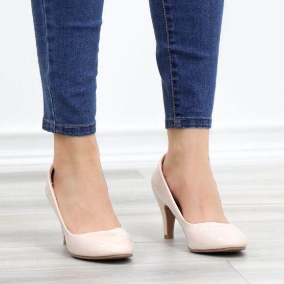 Nude Paten Round Toe Kitten Low Heel Pumps - Picture 3 of 11